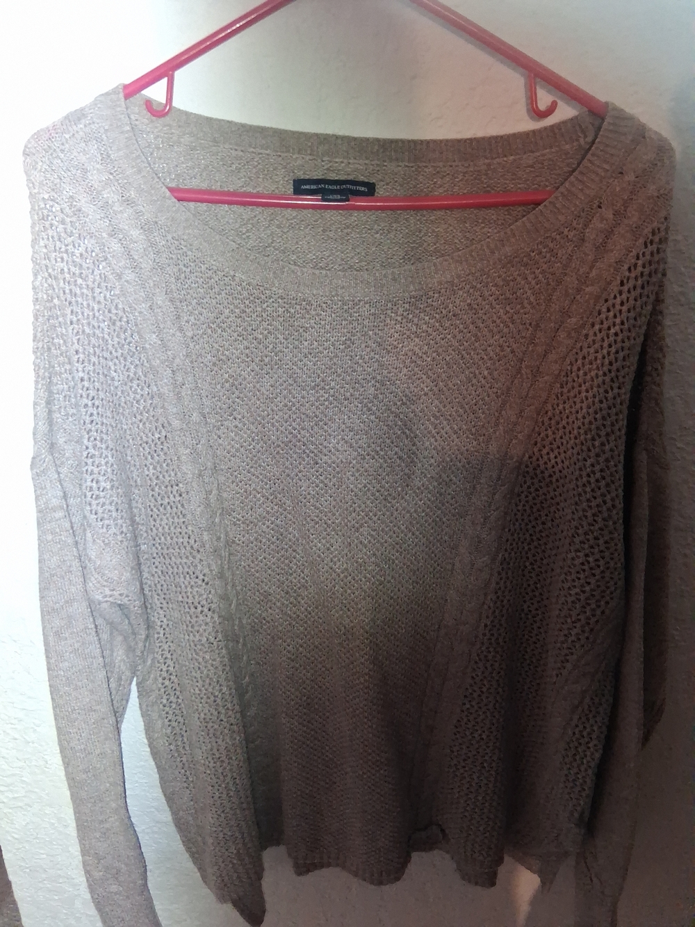 American Eagle Outfitters Taupe Open-Knit Crewneck Sweater